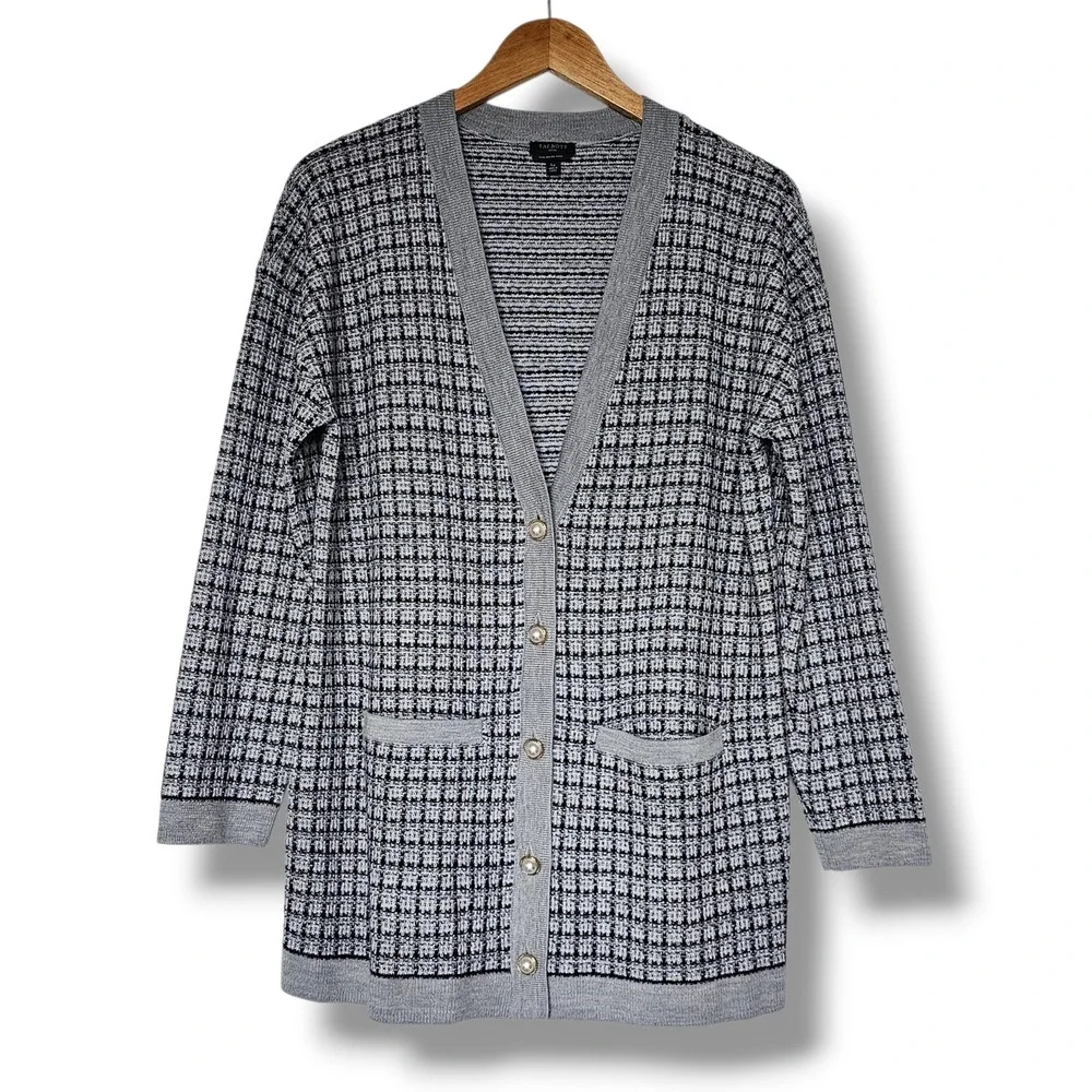 Talbots Cardigan LP Womens Grey Merino Wool Pearl Button Longline Sweater Preppy - Picture 1 of 11